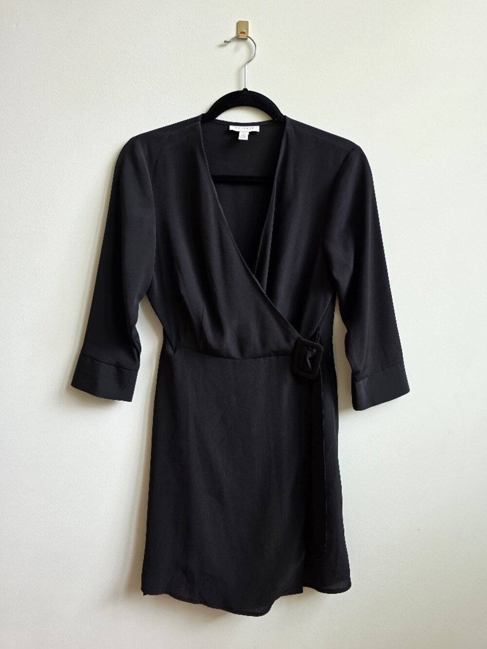 Topshop Black Wrap Mini Dress, 3/4 Sleeves & Side Buckle Detail, Size 6
